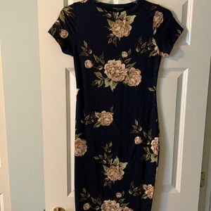 Navy floral short sleeve midi dress